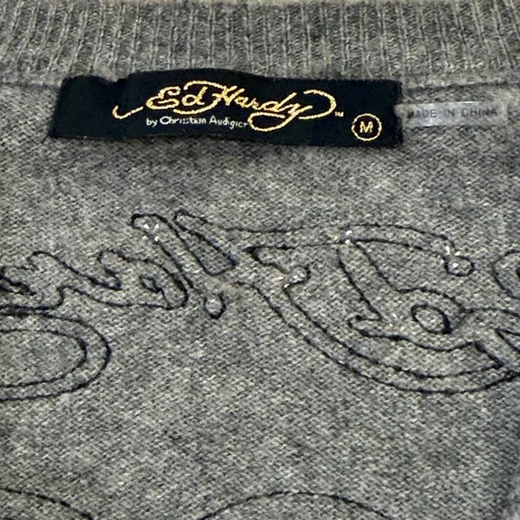 Ed Hardy Gray Sweater Sz M Love Kills Slowly Cashmere Wool Womens - Picture 4 of 6